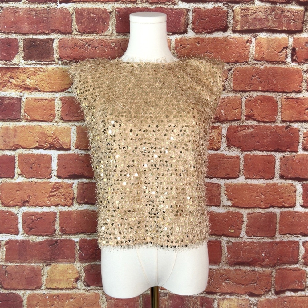 Easel Los‎ Angeles Alora Feathered Sequin Tank  Gold Size Small NWT